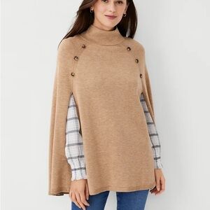 Ann Taylor Tan Mock Neck Button Poncho Sweater